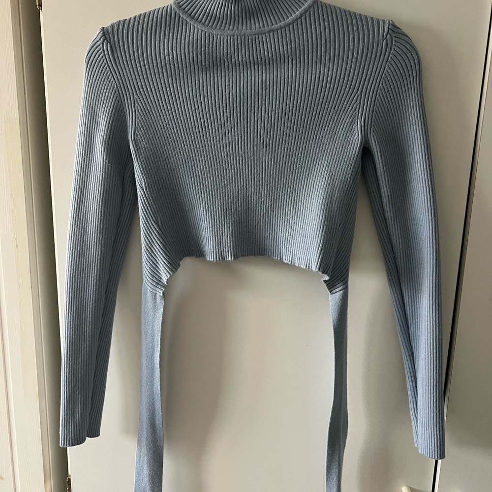 Blue Ribbed Long Sleeve Crop Top open back sweater